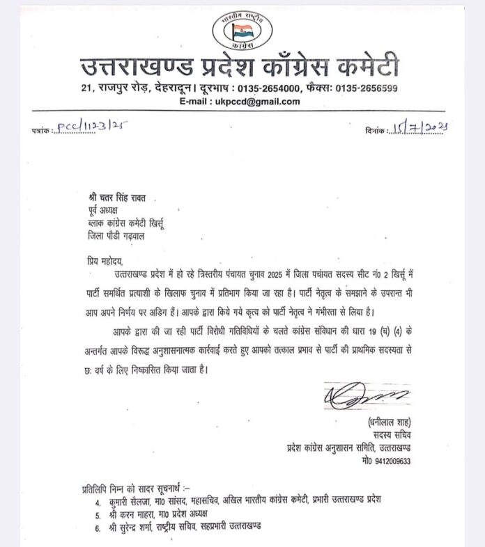 कांग्रेस ने तीन नेताओं को 6 साल के लिए किया निष्कासित