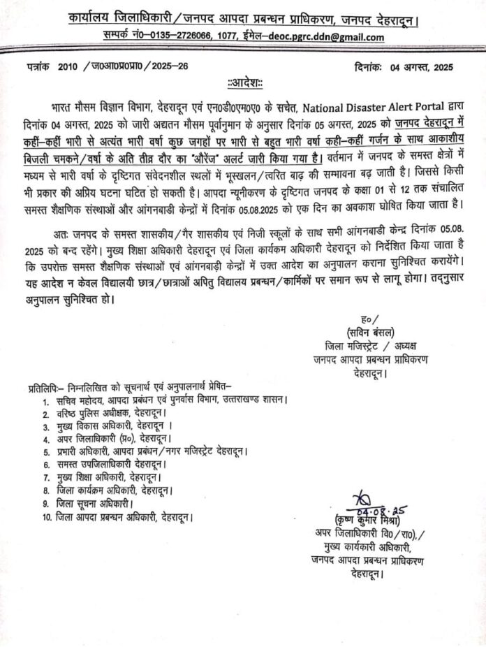 भारी बारिश को देखते हुए राजधानी के 1 से 12 तक के स्कूल रहेंगे बंद आदेश जारी