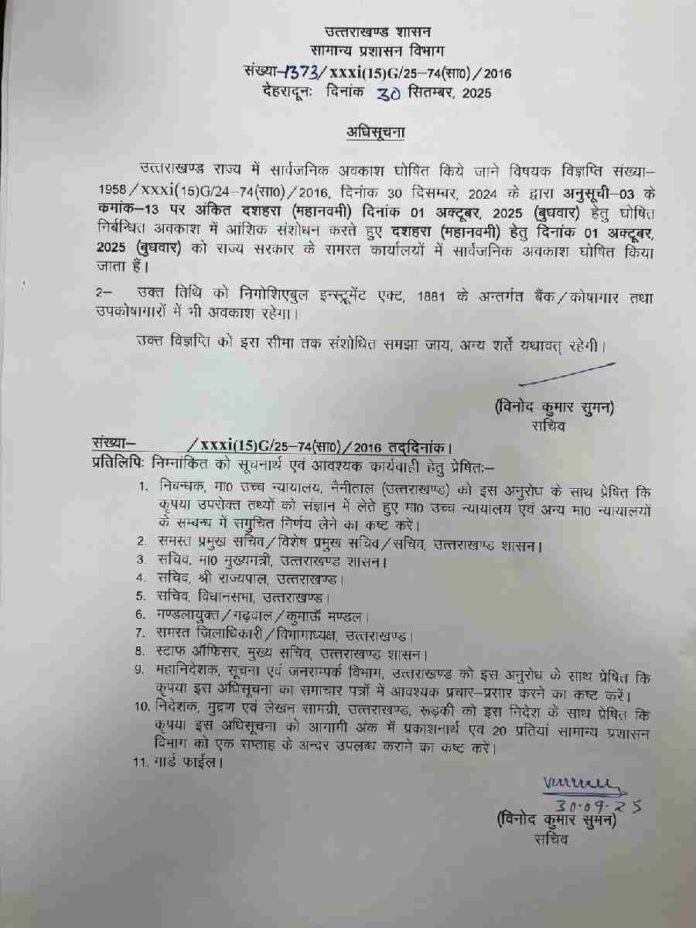 1 अक्टूबर महानवमी को प्रदेश में सार्वजनिक अवकाश की घोषणा, आदेश जारी